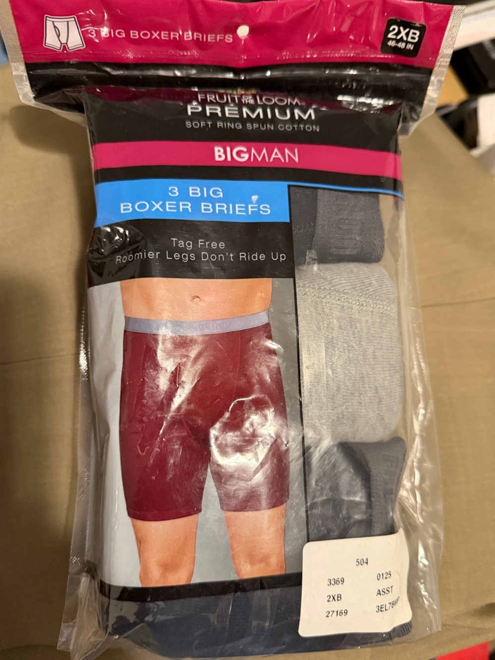 Fruit of the Loom premium Big & Tall Boxer Briefs 3-Pack - 2XB black, Light Gray